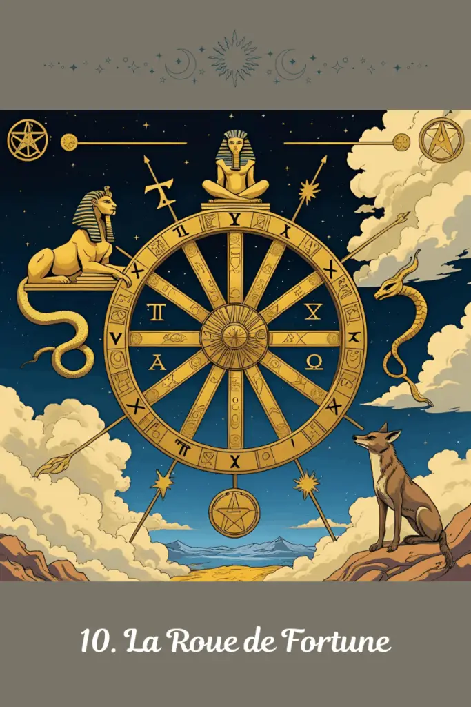 Carte de La Roue de Fortune – Tarot de Marseille – symbolise le changement, les cycles de vie et les retournements inattendus