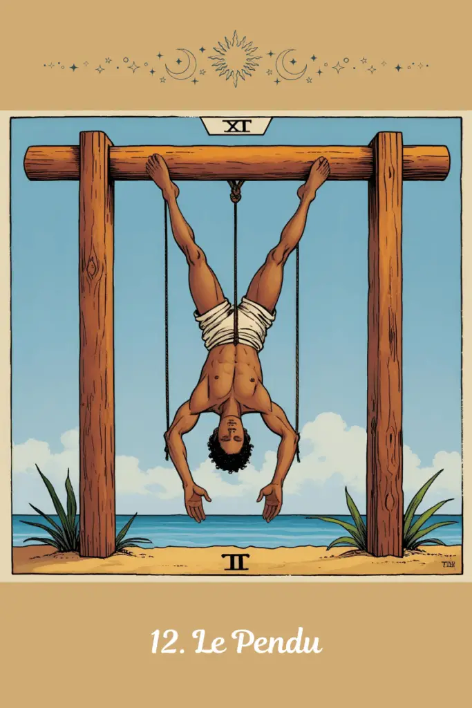 Carte du Pendu – Tarot de Marseille – symbolise l’attente féconde, le lâcher-prise et le changement de regard