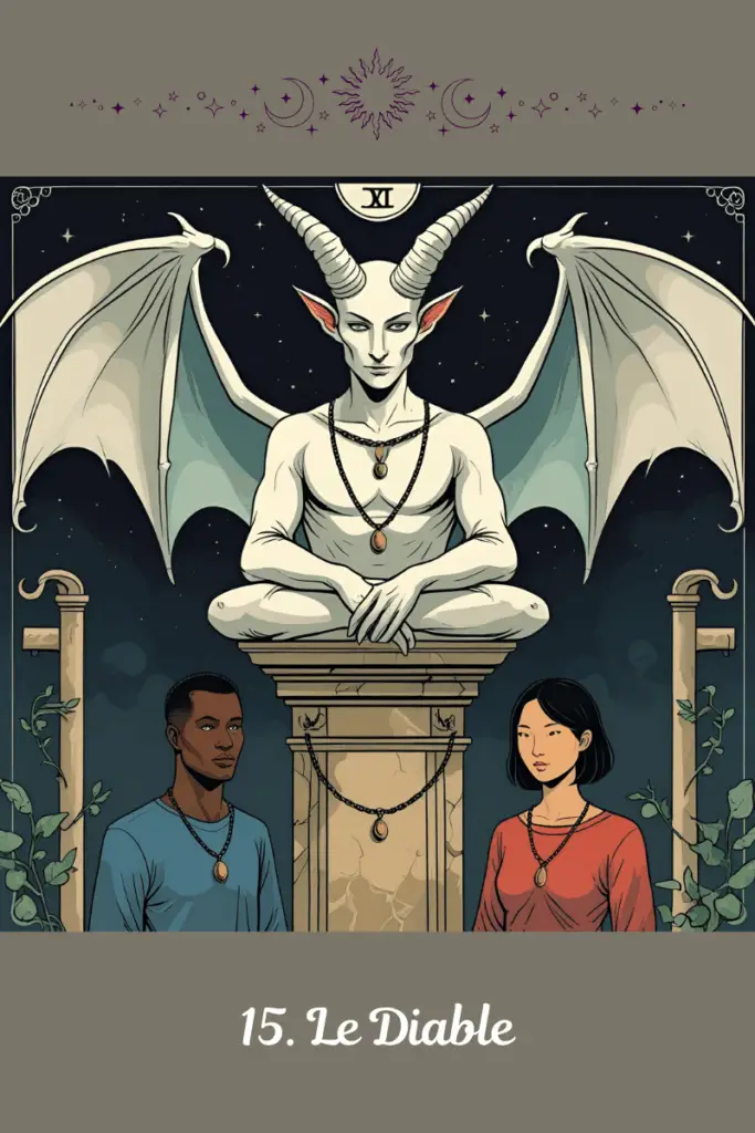 Carte du Diable – Tarot de Marseille – symbolise la puissance brute, les pulsions, les attachements et l’ombre révélée