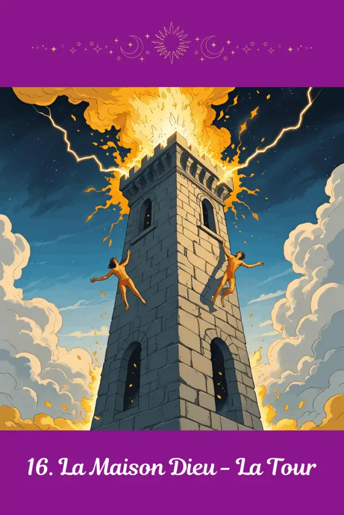 Carte de La Maison Dieu – Tarot de Marseille – symbolise l’éveil brutal, la libération d’un ancien cadre et la reconstruction consciente