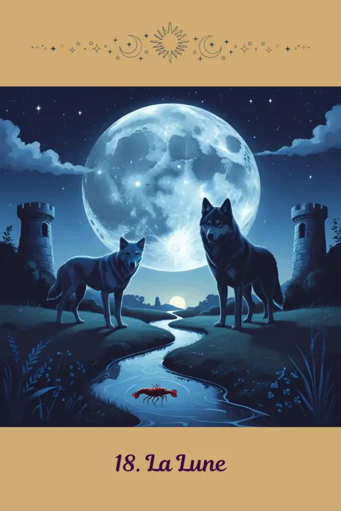 Carte de La Lune – Tarot de Marseille – symbolise l’intuition, les émotions profondes et la traversée des zones floues