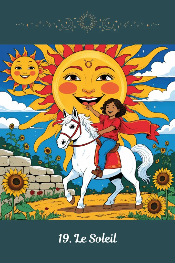 Carte du Soleil – Tarot de Marseille – symbolise la clarté, la joie partagée, la réussite et l’authenticité rayonnante