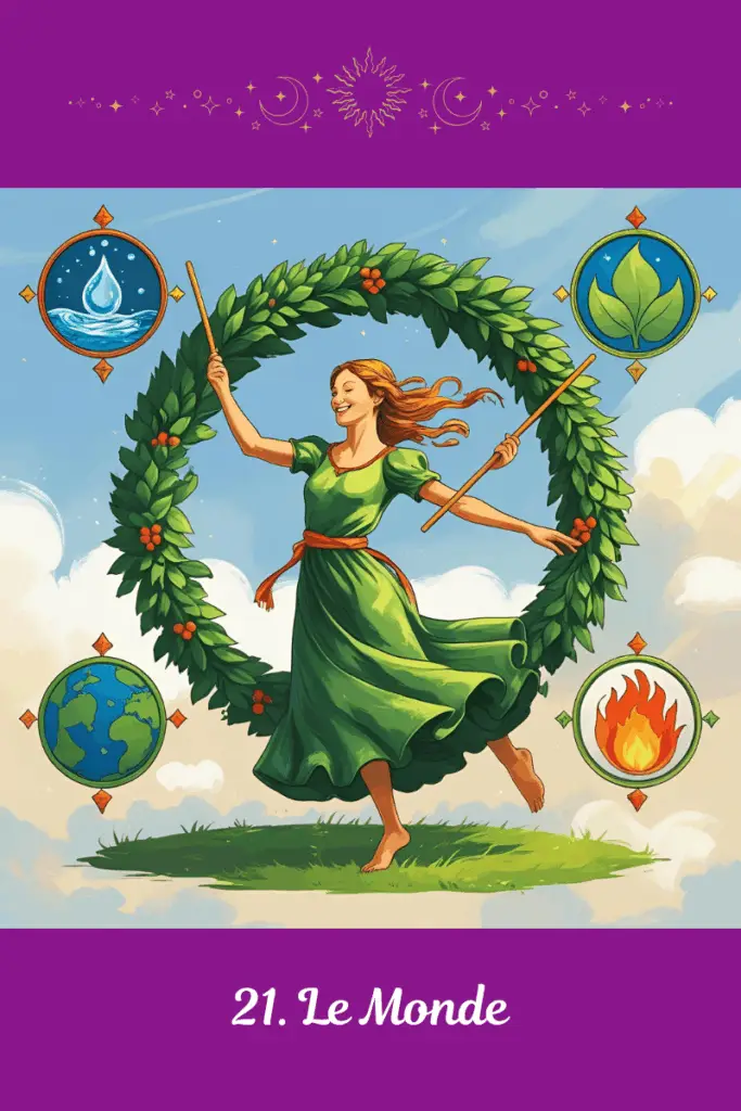 Carte du Monde – Tarot de Marseille – symbolise l’accomplissement, l’unité intérieure et la célébration du chemin parcouru