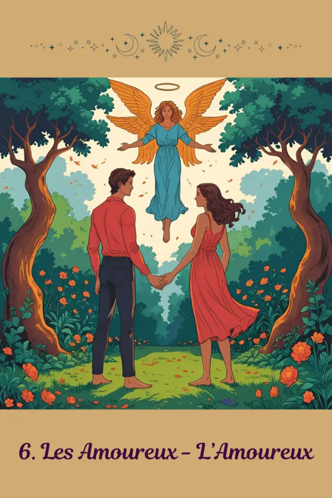 Carte de L’Amoureux – Tarot de Marseille – symbolise le choix, l’appel du cœur et l’hésitation intérieure