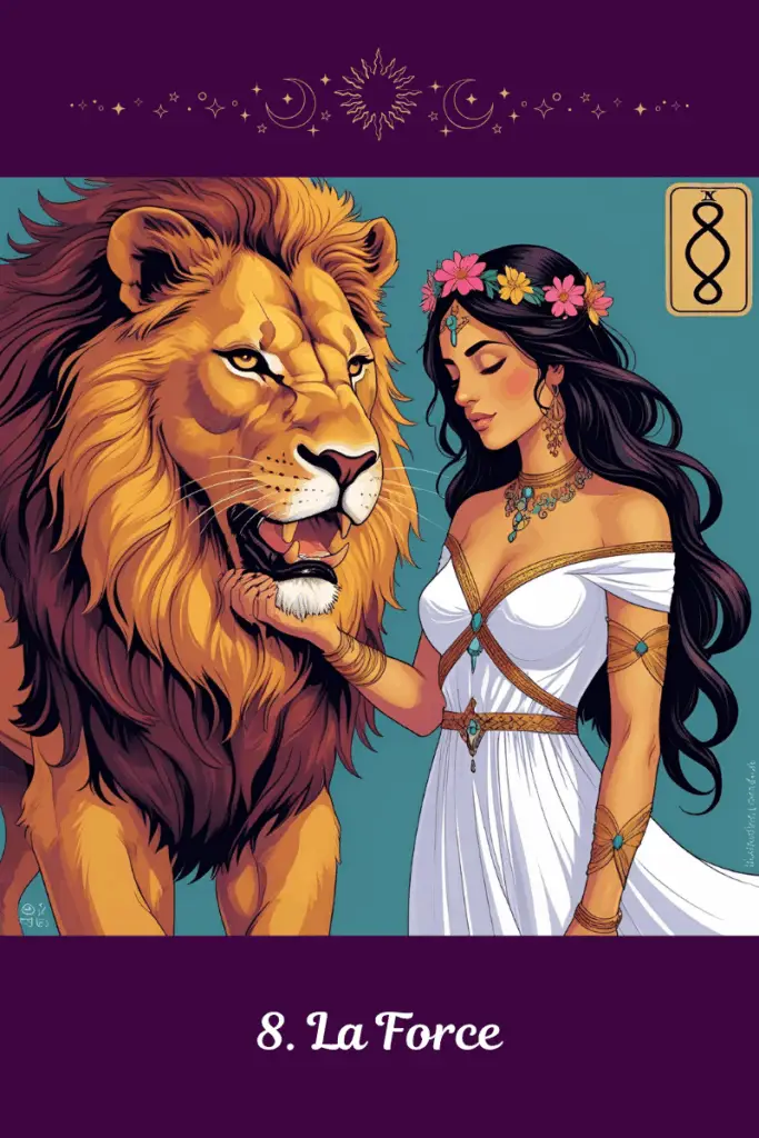 Carte de La Force – Tarot de Marseille – symbolise la maîtrise de soi, la puissance intérieure et le courage tranquille