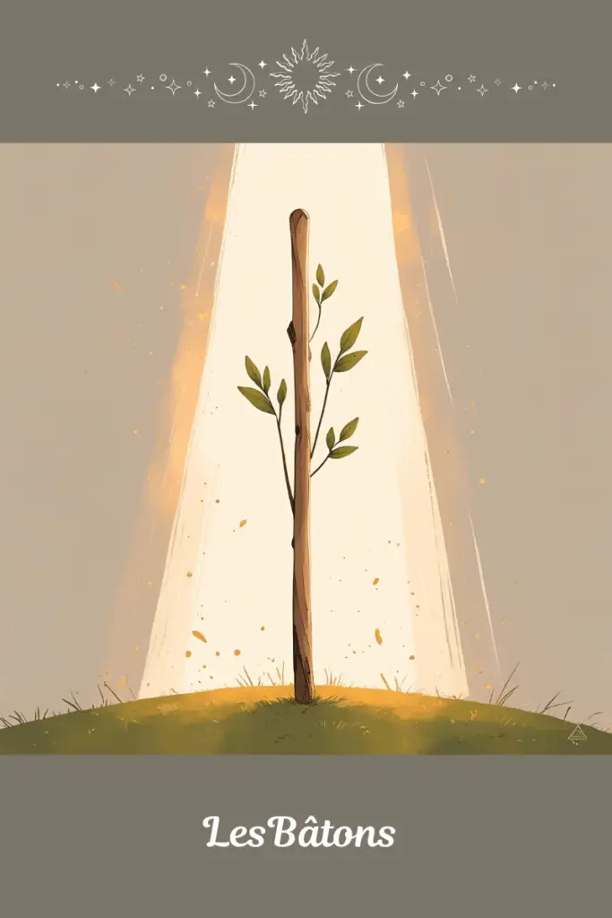 Illustration artistique représentant l’ensemble de la famille des Bâtons du tarot : quatorze cartes allant de l’As au Roi, symbolisant l’énergie du feu, la créativité, l’action et l’élan vital.