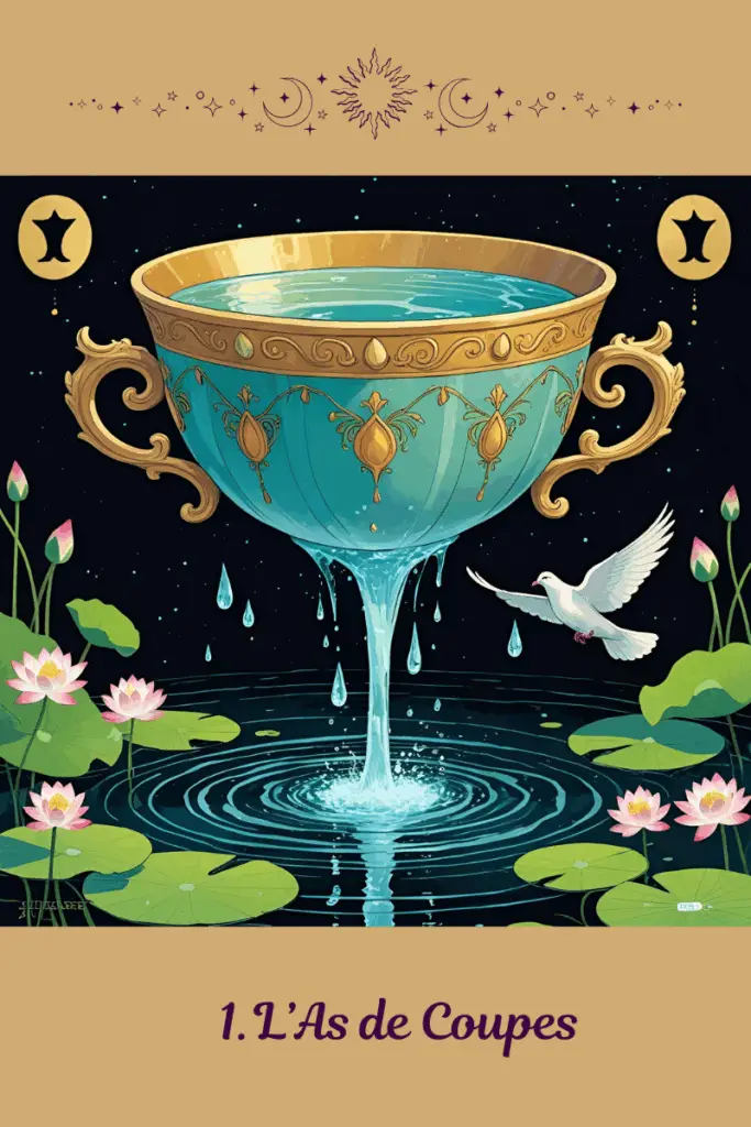 As de Coupes – Tarot de Marseille – symbolise l’ouverture du cœur, la naissance d’un ressenti profond et la disponibilité émotionnelle