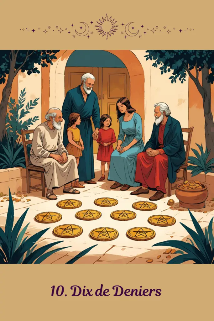 Dix de Deniers – Tarot de Marseille – symbolise l’abondance transmise, la réussite familiale ou collective, la stabilité construite sur le long terme