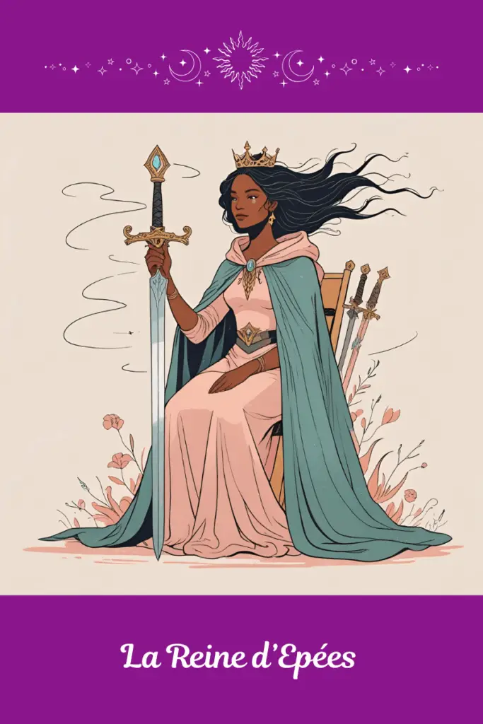 Reine d’Épées – Tarot de Marseille – incarne la clarté mentale, la parole tranchante mais juste, et l’indépendance intellectuelle