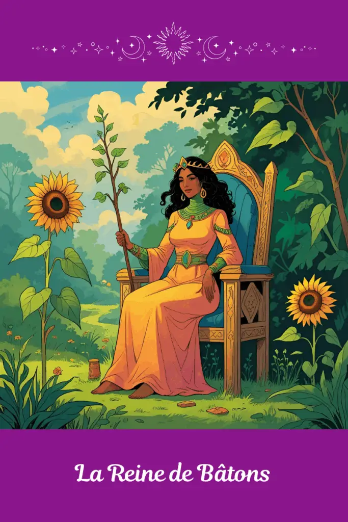 Reine de Bâtons – Tarot de Marseille – symbolise la maîtrise créative, le rayonnement intérieur et la confiance magnétique