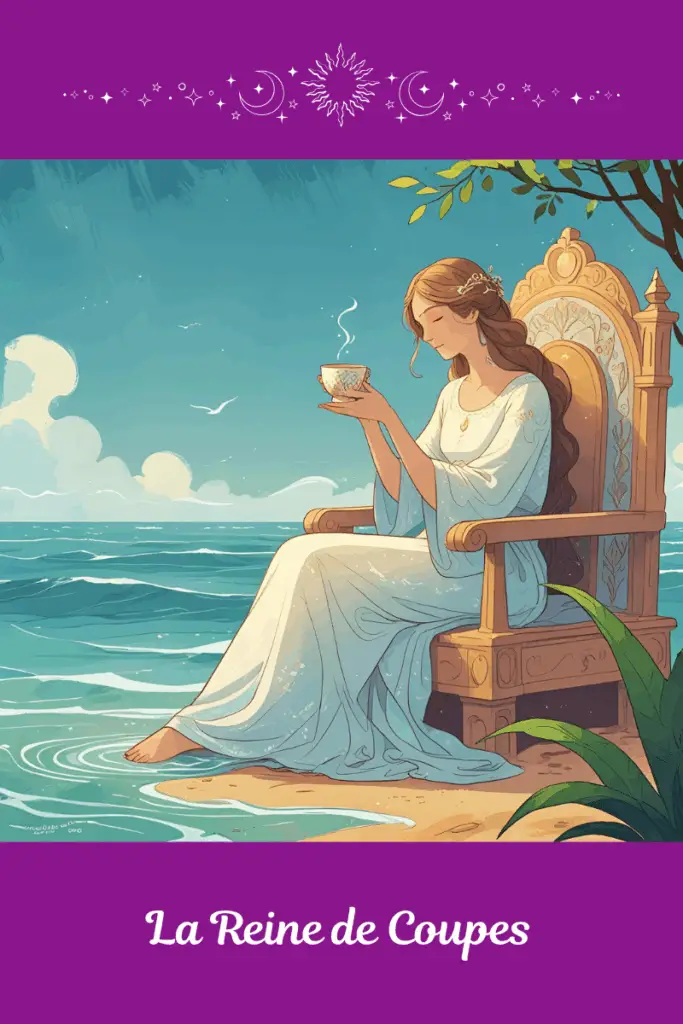 Reine de Coupes – Tarot de Marseille – symbolise la maturité émotionnelle, l’intuition profonde et la bienveillance sensible