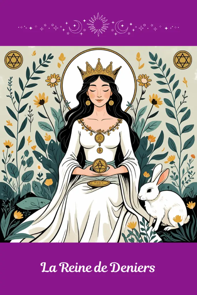Reine de Deniers – Tarot de Marseille – incarne l’abondance nourricière, la gestion sage des ressources et la bienveillance concrète envers soi et les autres