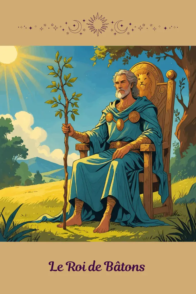 Roi de Bâtons – Tarot de Marseille – symbolise le leadership inspirant, la vision incarnée et la maîtrise du feu créateur