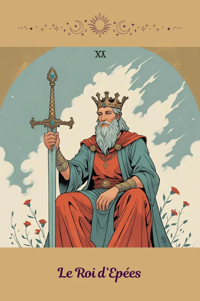 Roi d’Épées – Tarot de Marseille – incarne l’autorité mentale, la parole juste, la stratégie lucide et la responsabilité intellectuelle