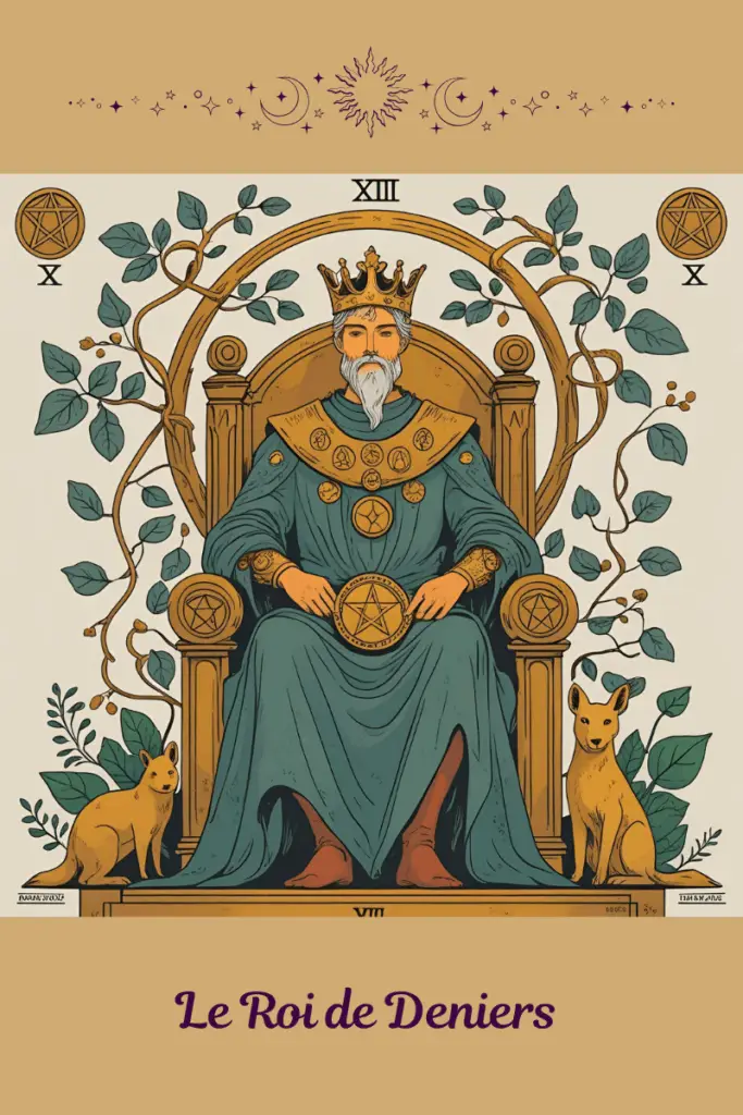 Roi de Deniers – Tarot de Marseille – incarne la maîtrise du concret, la prospérité sage, l’ancrage solide et la capacité à créer de la sécurité pour soi et les autres