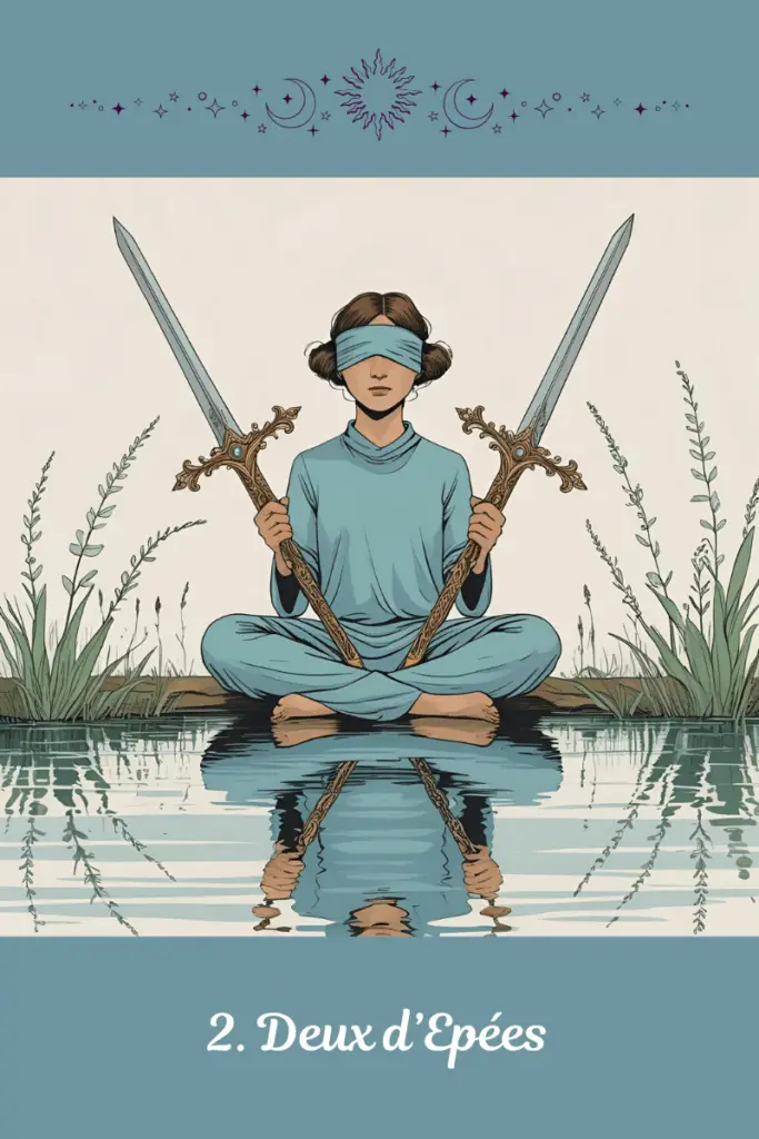 Deux d’Épées – Tarot de Marseille – représente l’hésitation mentale, le besoin de trancher et l’équilibre fragile entre deux directions