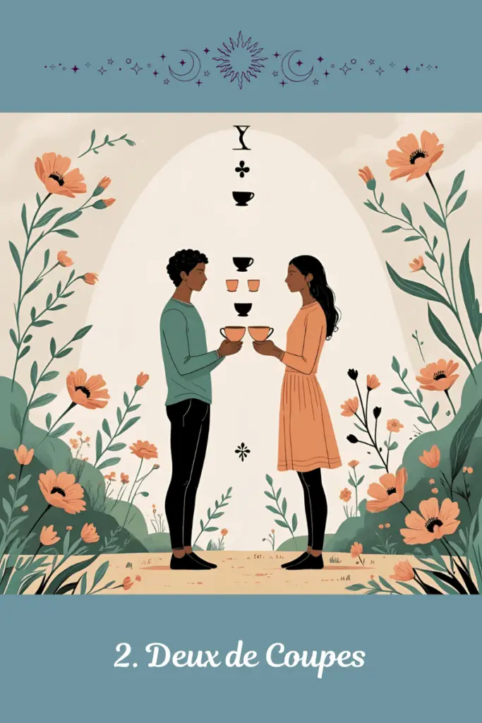 Deux de Coupes – Tarot de Marseille – symbolise la connexion, la rencontre émotionnelle et l’échange de cœur à cœur