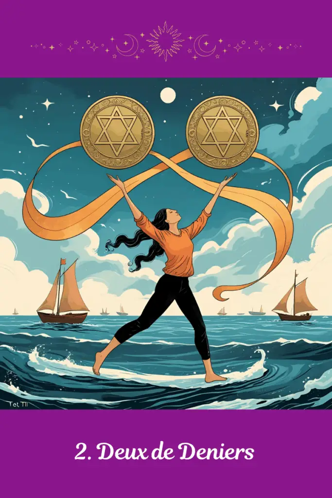 Deux de Deniers – Tarot de Marseille – représente l’équilibre matériel en mouvement, la flexibilité dans la gestion des ressources et le quotidien à harmoniser