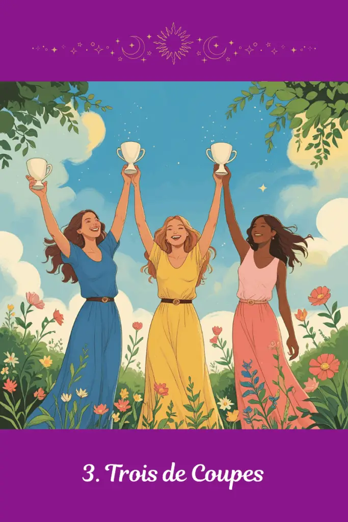 Trois de Coupes – Tarot de Marseille – symbolise la joie relationnelle, la célébration partagée et les liens du cœur vivants