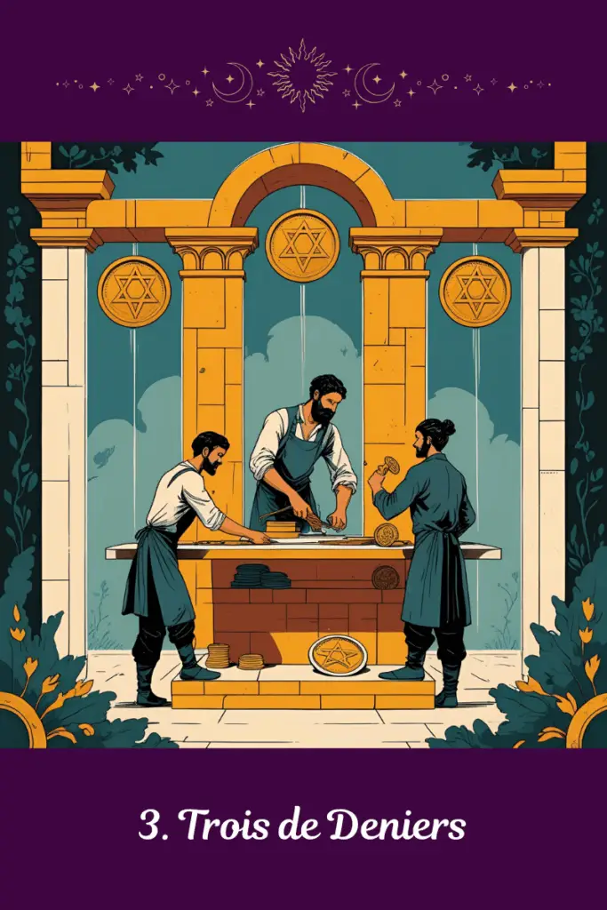 Trois de Deniers – Tarot de Marseille – représente la collaboration, la reconnaissance des compétences, et la construction concrète à plusieurs