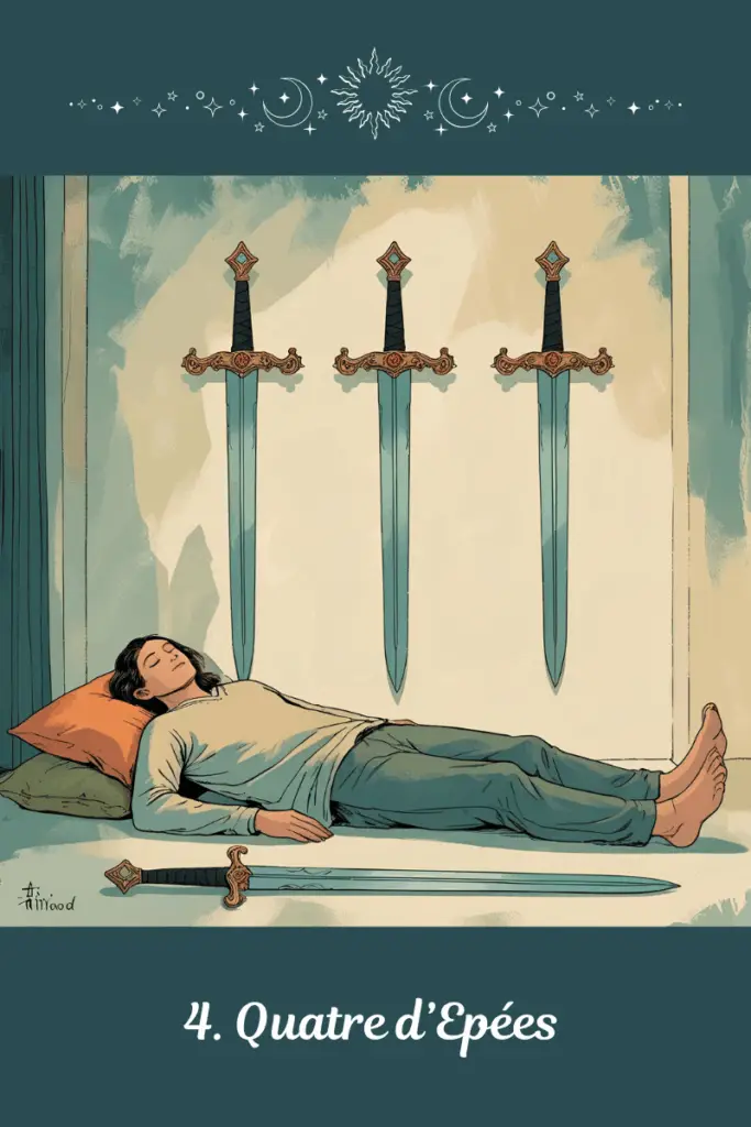 Quatre d’Épées – Tarot de Marseille – symbolise le repos mental, le retrait protecteur et la guérison intérieure