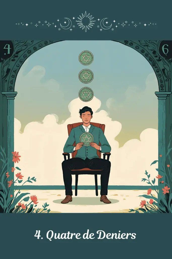 Quatre de Deniers – Tarot de Marseille – symbolise la sécurité matérielle, l’attachement à ce qu’on possède, ou la peur de perdre ce qu’on a
