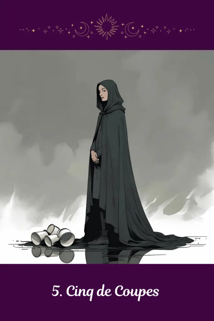 Cinq de Coupes – Tarot de Marseille – symbolise la tristesse, la perte émotionnelle et l’appel à voir ce qui reste