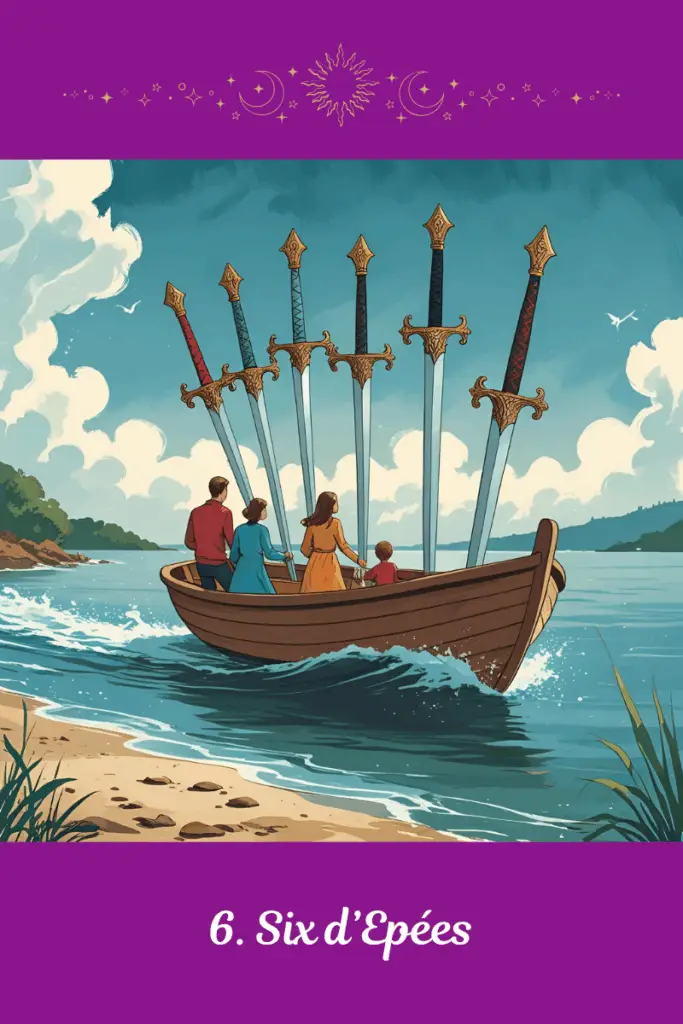 Six d’Épées – Tarot de Marseille – symbolise un passage intérieur, une transition mentale et le mouvement vers plus de clarté