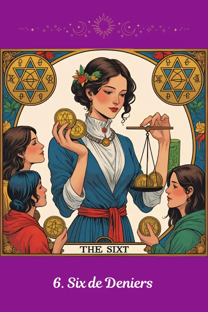 Six de Deniers – Tarot de Marseille – symbolise l’équilibre entre donner et recevoir, l’échange juste et la circulation saine des ressources