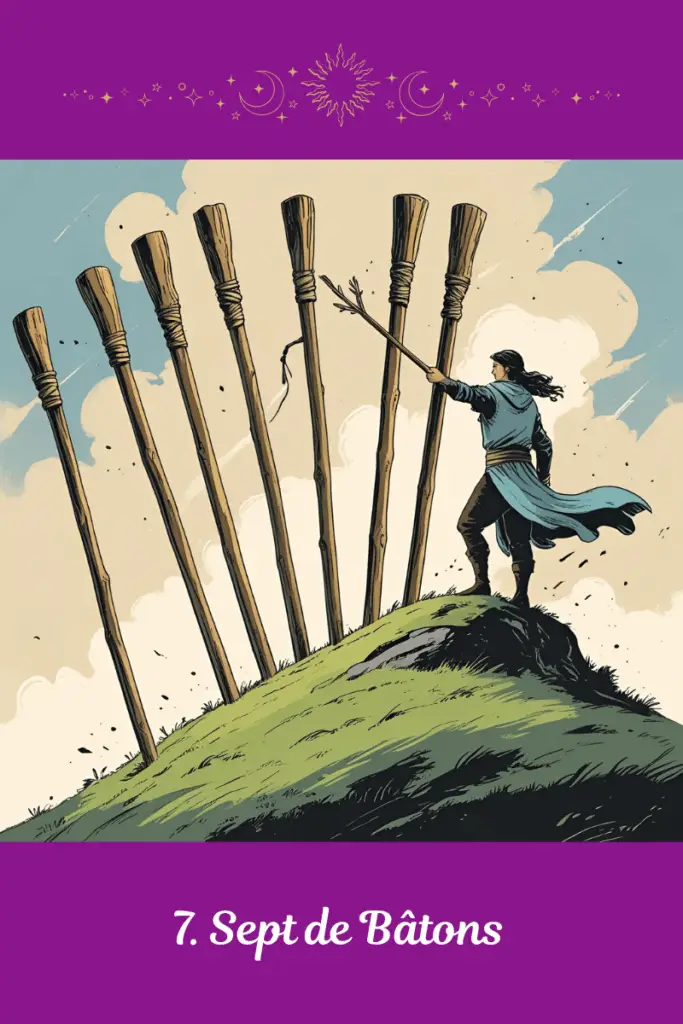 Sept de Bâtons – Tarot de Marseille – symbolise la défense de sa position, la persévérance et la force intérieure face aux défis