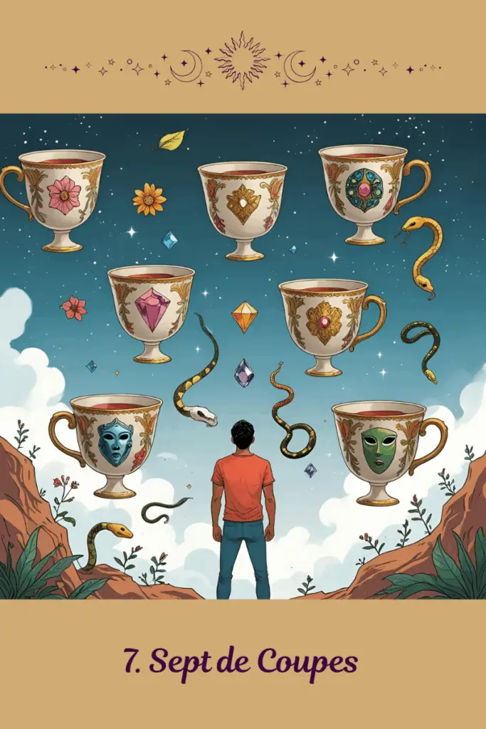 Sept de Coupes – Tarot de Marseille – symbolise les illusions, les choix émotionnels confus et le besoin de clarté intérieure