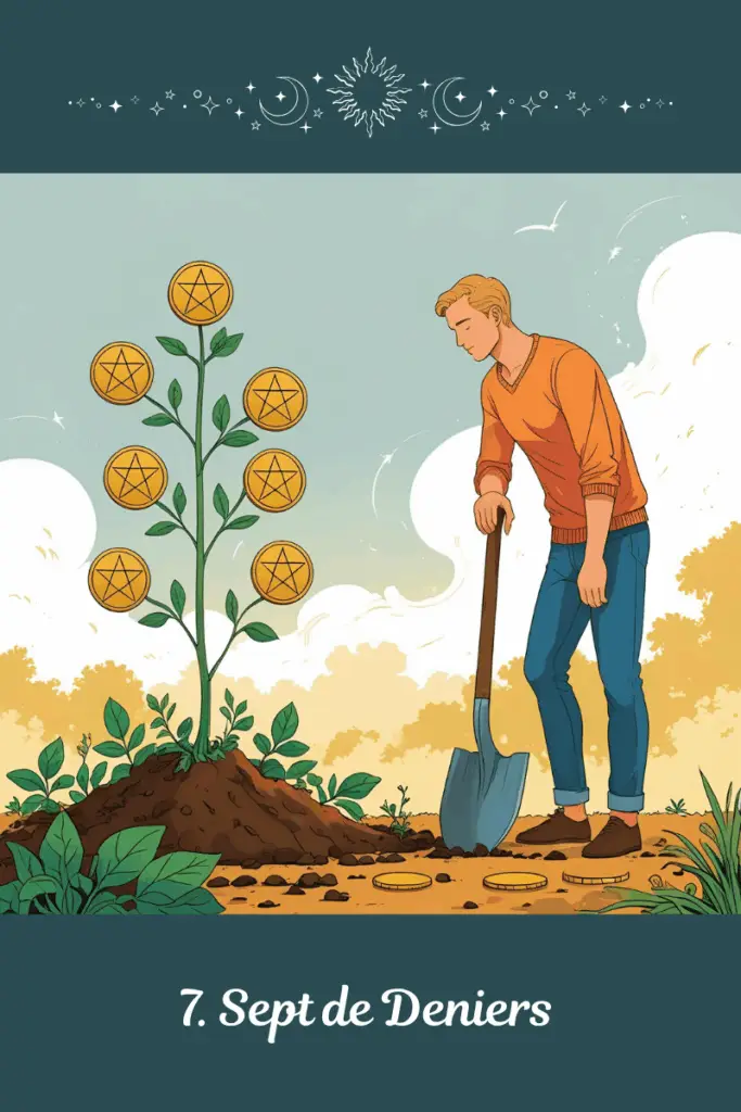 Sept de Deniers – Tarot de Marseille – représente la patience, la maturation lente d’un projet, et l’attente fertile avant la récolte