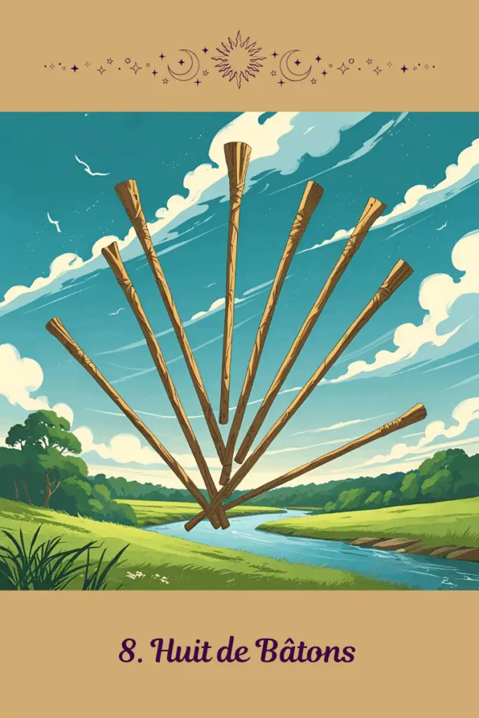 Huit de Bâtons – Tarot de Marseille – symbolise l’accélération, l’élan fluide et la libération de l’énergie vers une direction claire