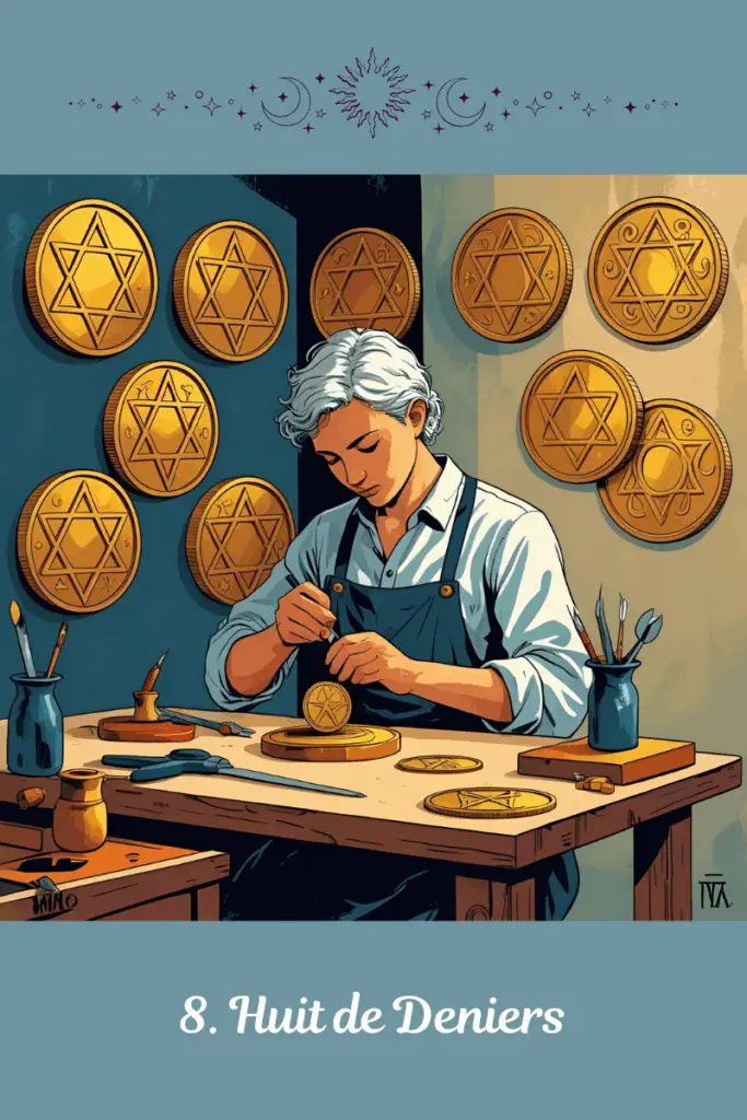 Huit de Deniers – Tarot de Marseille – symbolise l’apprentissage, la progression par le travail régulier, et la maîtrise patiente des compétences