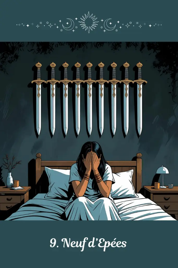 Neuf d’Épées – Tarot de Marseille – représente les angoisses mentales, l’insomnie émotionnelle et les peurs amplifiées