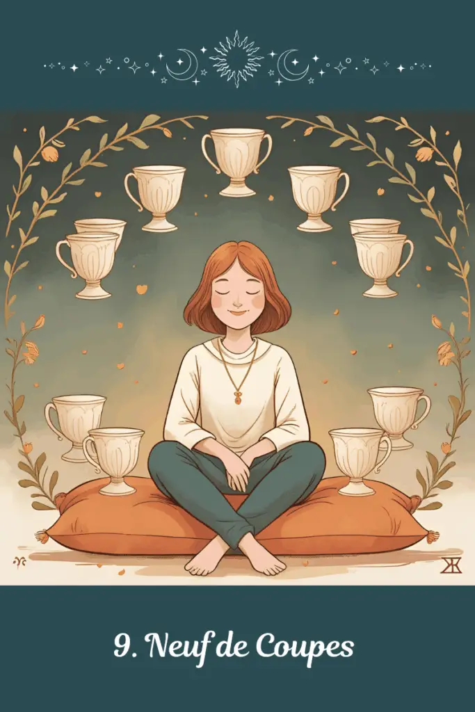 Neuf de Coupe – Tarot de Marseille – symbolise la satisfaction émotionnelle, la gratitude et le plaisir de ce qui est