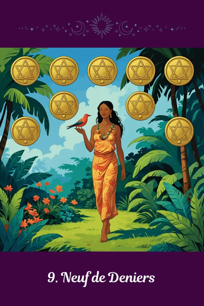 Neuf de Deniers – Tarot de Marseille – symbolise l’accomplissement matériel, l’autonomie, la gratitude et la sérénité après un parcours construit