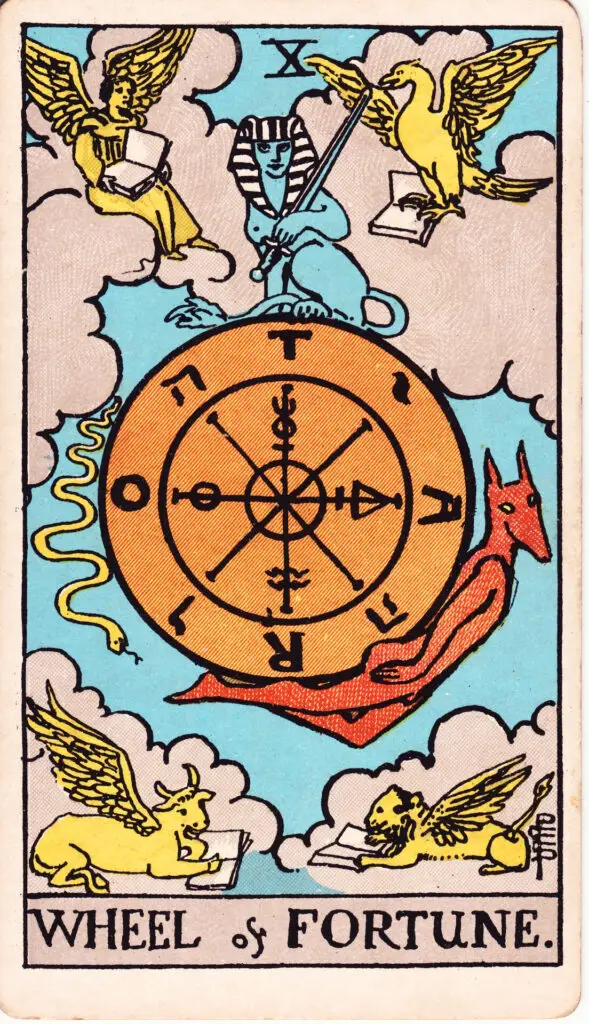 Carte de La Roue de Fortune dans le tarot Rider-Waite : une grande roue entourée de créatures ailées, avec des symboles ésotériques et des figures mythologiques. Illustration de 1909 par Pamela Colman Smith.