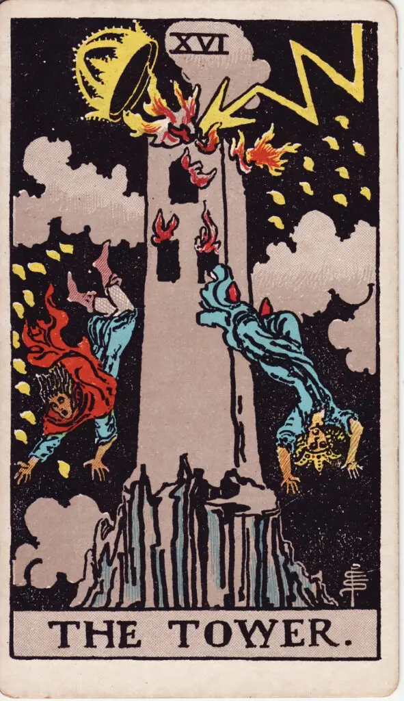 Carte de La Maison Dieu dans le tarot Rider-Waite : une tour frappée par la foudre, en feu, dont tombent deux personnages, sur fond de ciel sombre. Illustration de 1909 par Pamela Colman Smith.