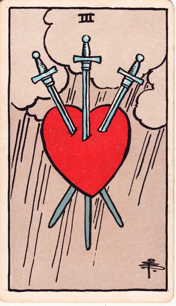 Illustration du Trois d’Épées du tarot Rider Waite : un cœur rouge transpercé par trois épées, flottant dans un ciel gris pluvieux, symbole de peine, de lucidité et de vérité émotionnelle.