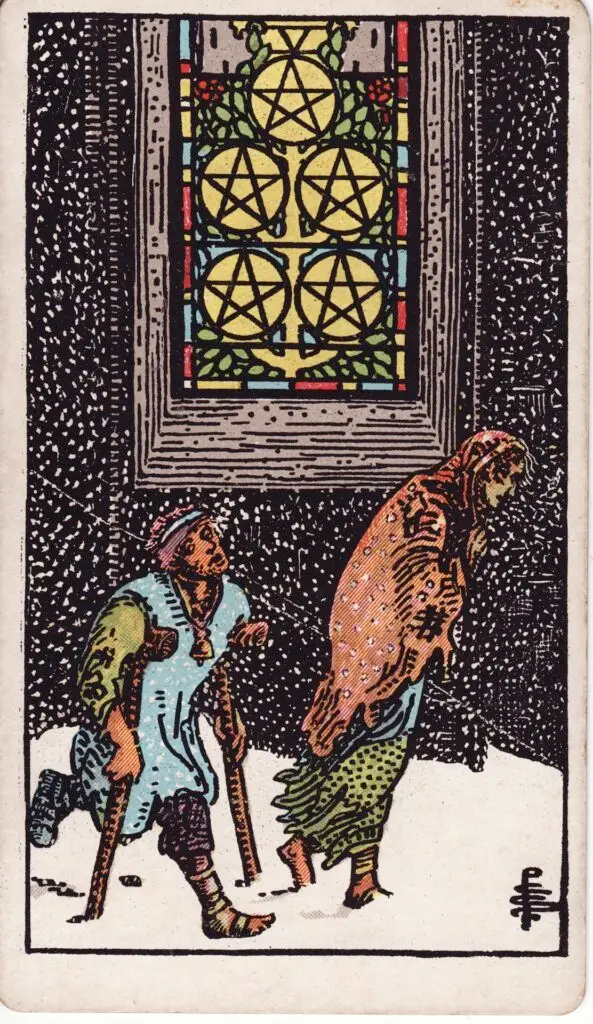 Illustration du Cinq de Deniers du tarot Rider Waite : deux personnes marchent pieds nus dans la neige, devant une vitrine d’église illuminée par cinq deniers en vitrail.