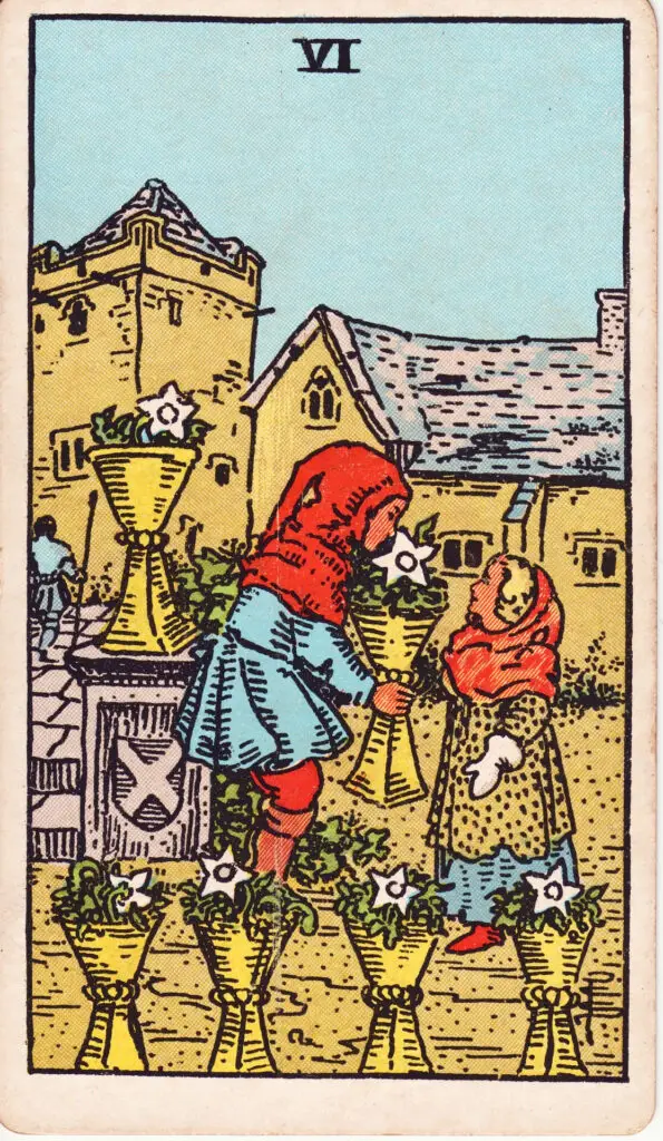Illustration du Six de Coupes du tarot Rider Waite : un enfant tend une coupe remplie de fleurs à un autre dans une cour médiévale, symbolisant la générosité et la douceur du passé.