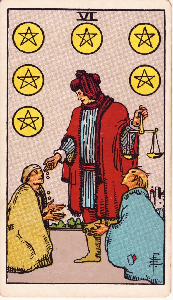 Illustration du Six de Deniers du tarot Rider Waite : un homme riche donne des pièces à un mendiant, tout en tenant une balance dans l’autre main, symbole de justice et d’équité.