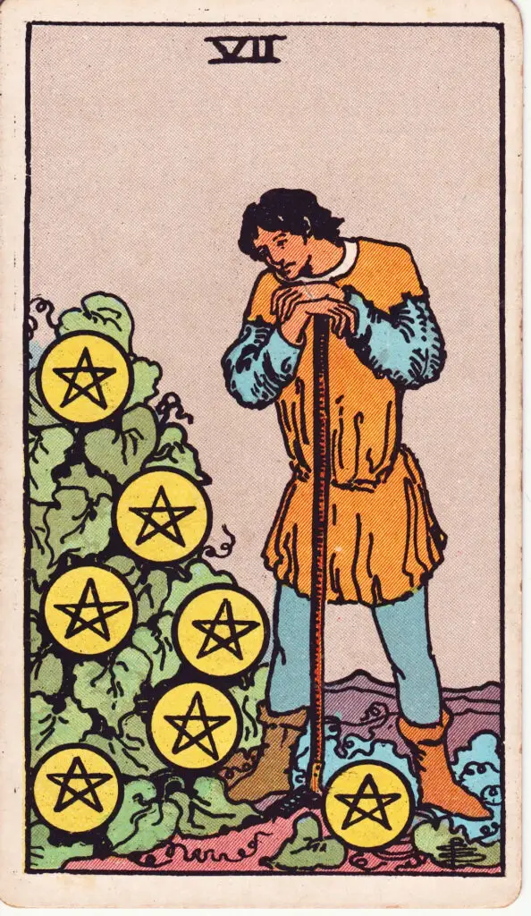 Illustration du Sept de Deniers du tarot Rider Waite : un homme s’appuie sur son outil de travail, observant pensivement un buisson chargé de sept deniers.