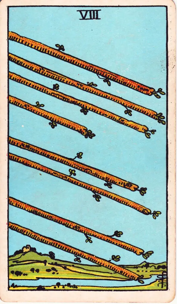 Illustration du Huit de Bâtons du tarot Rider-Waite : huit bâtons volent dans les airs à travers un paysage dégagé, évoquant vitesse, mouvement fluide et avancée sans obstacle.