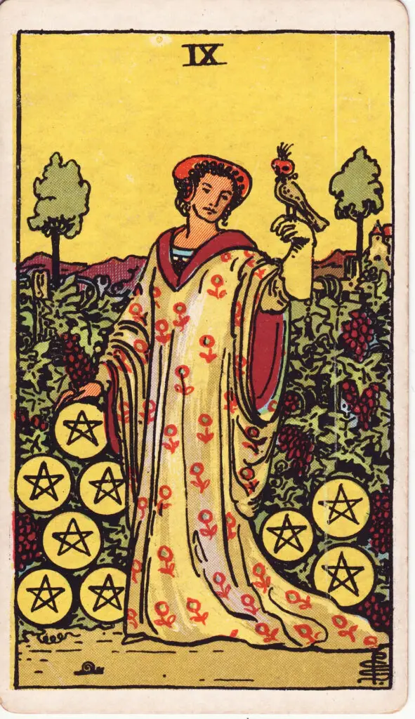 Illustration du Neuf de Deniers du tarot Rider Waite : une femme élégante se tient dans un jardin luxuriant, entourée de vignes et de deniers, avec un faucon perché sur sa main.